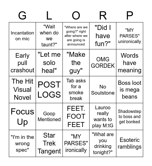 GLORP 2 Bingo Card