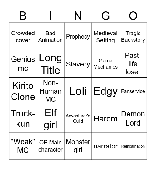 Isekai Bingo Card