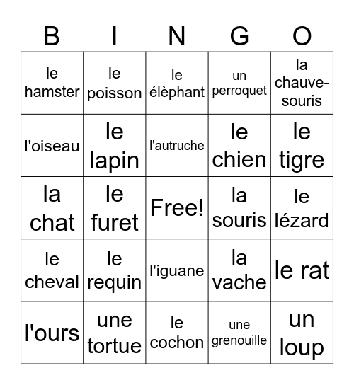 Les animaux Bingo Card
