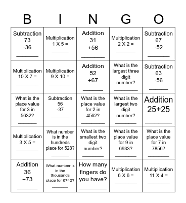 Math Review Bingo Card