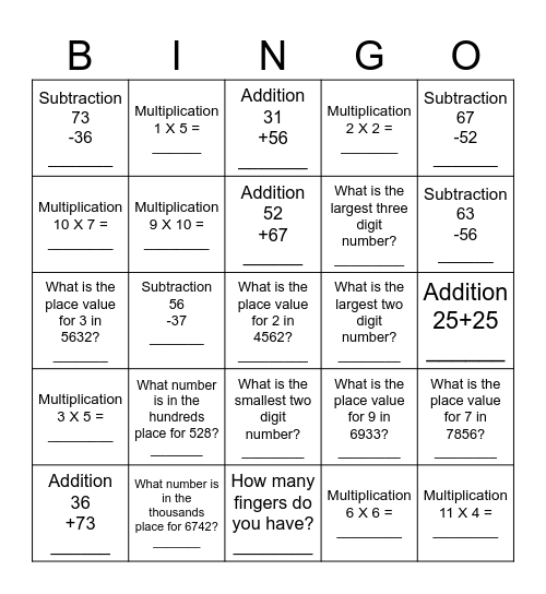 Math Review Bingo Card