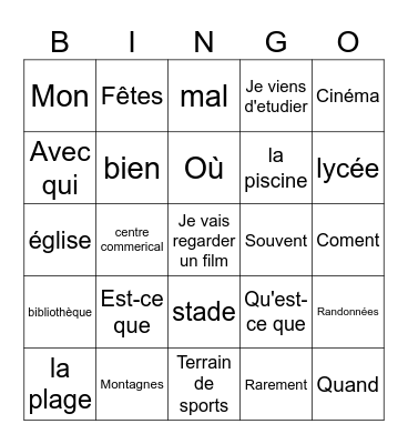 Fr 1 Unit 7 Places around town and question words review Bingo Card