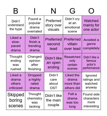 “Honest Drama Opinions Bingo” Bingo Card