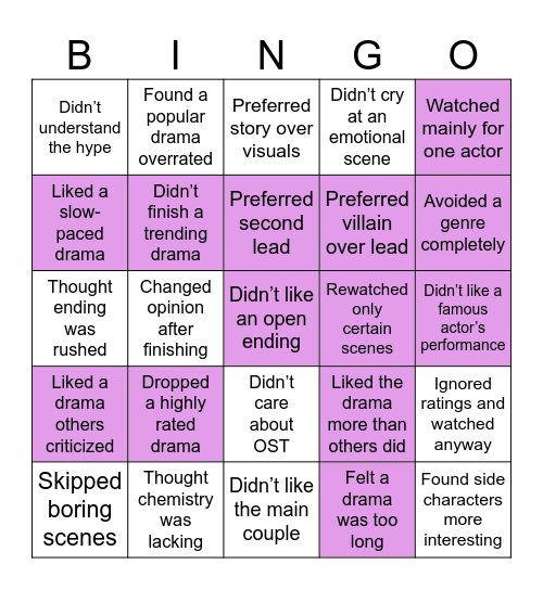 “Honest Drama Opinions Bingo” Bingo Card
