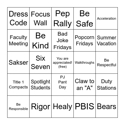 Staff Appreciation Bingo Card