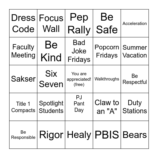 Staff Appreciation Bingo Card