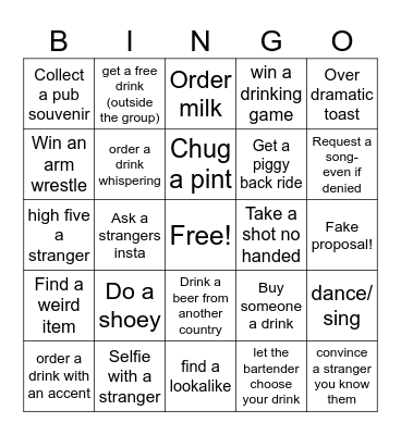 Pub crawl Bingo Card