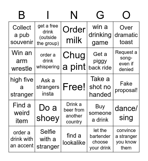 Pub crawl Bingo Card