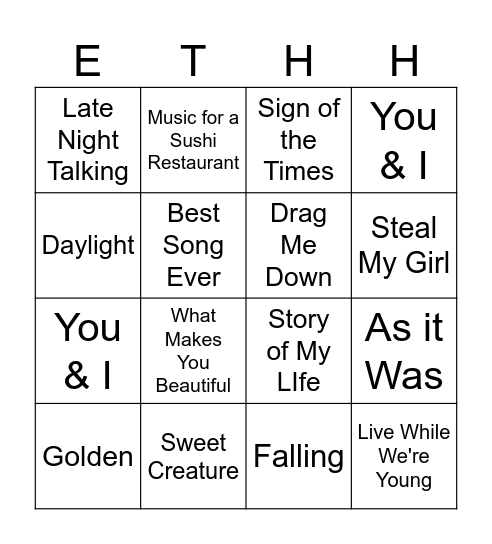 Harry Styles Music Bingo Card