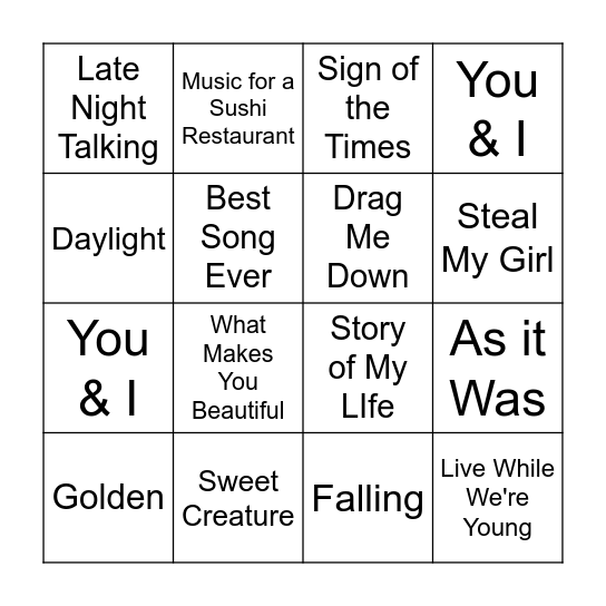 Harry Styles Music Bingo Card