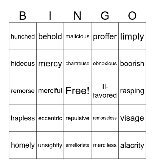 Eccentric Teacher Warm-Up Vocab beginning Bingo Card
