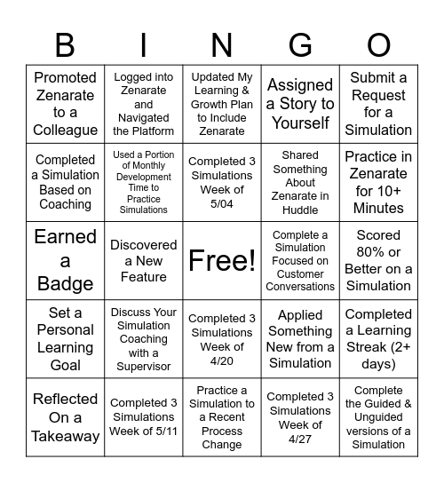 Zenarate Bingo Card