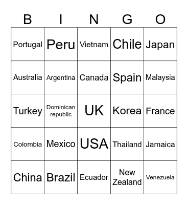 Countries Bingo Card