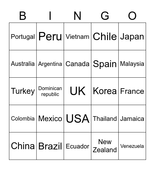 Countries Bingo Card