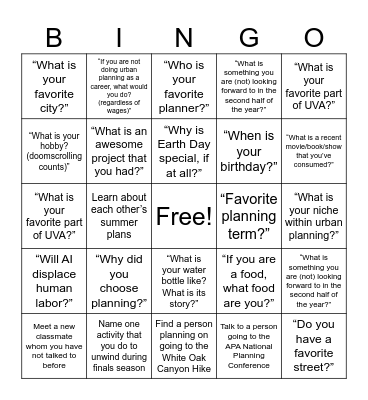 Urban Planning Earth Day Bingo Card