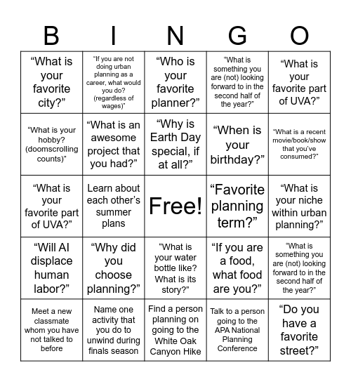 Urban Planning Earth Day Bingo Card
