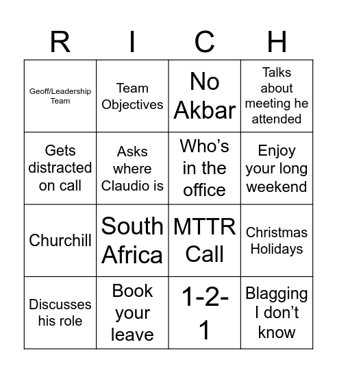 Team Meeting Bingo Card