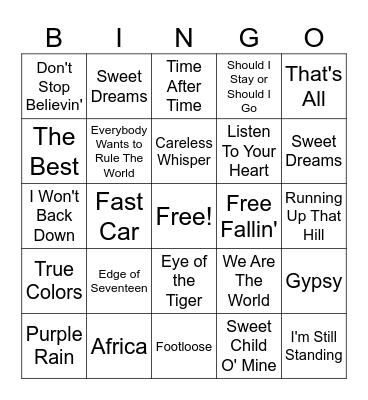 80s Cover Song Bingo Card
