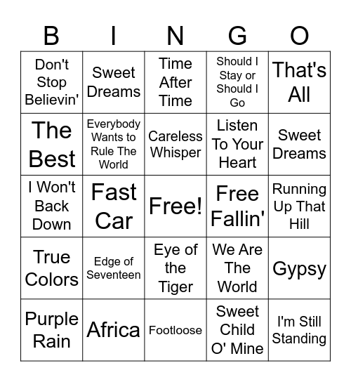 80s Cover Song Bingo Card