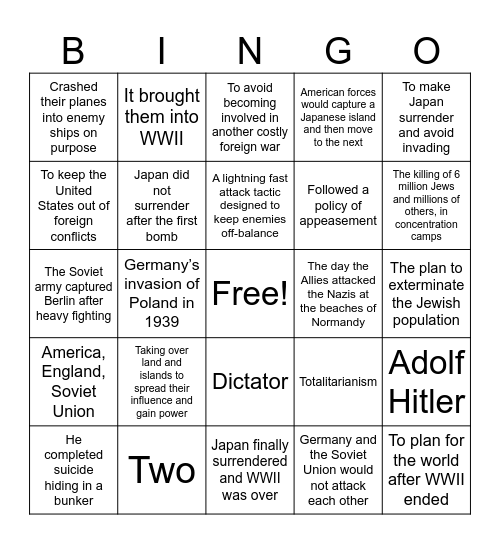 World War 2 and the Holocaust Bingo Card