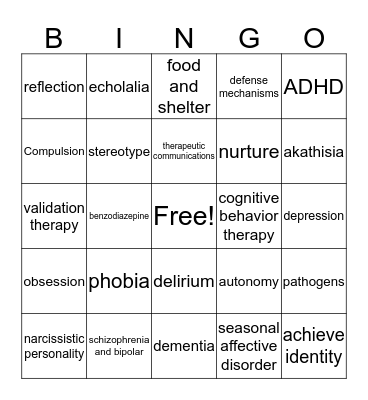 Mental Health Bingo Card