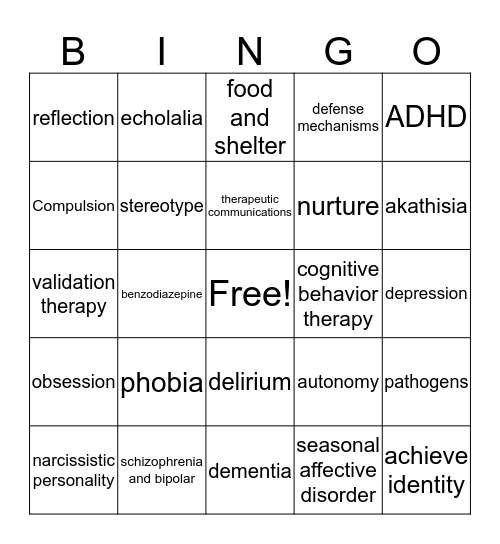 Mental Health Bingo Card