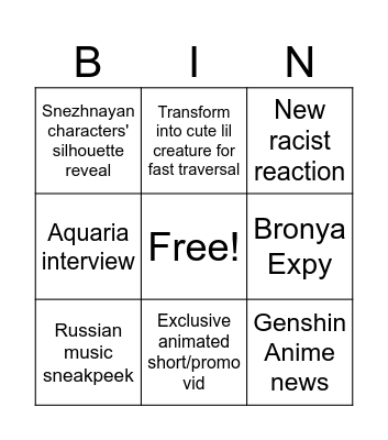Genshin Snezhnaya Livestream Bingo Card