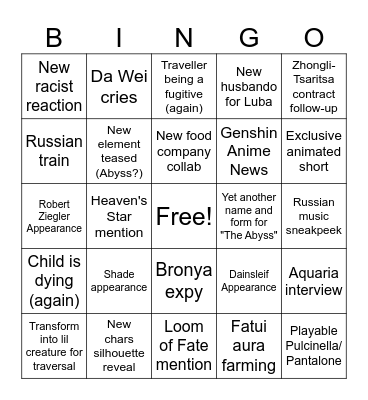 Genshin Snezhnaya Stream Bingo Card