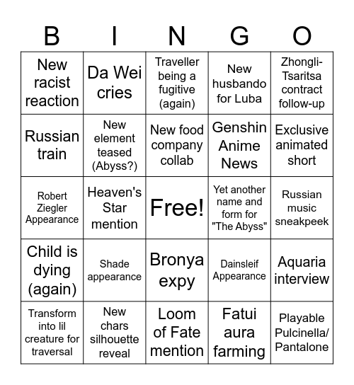 Genshin Snezhnaya Stream Bingo Card