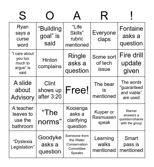 Staff Meeting Bingo Card