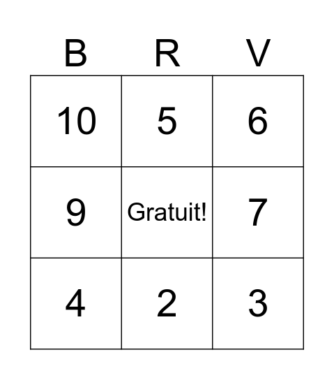 Les numéros en Français Bingo Card