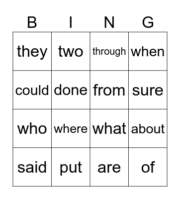 Heart Words 1 Bingo Card