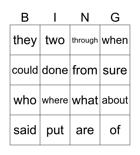 Heart Words 1 Bingo Card