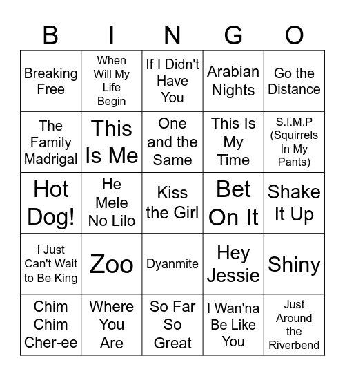 Disney Music Bingo #1 Bingo Card