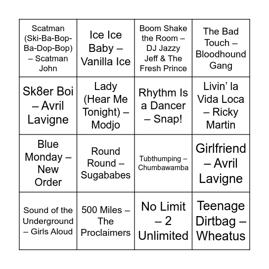 60s Hits Bingo Card