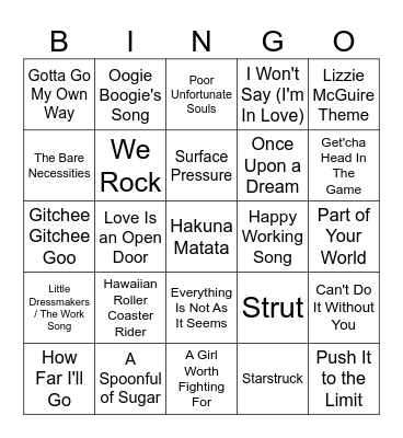 Disney Music Bingo #2 Bingo Card
