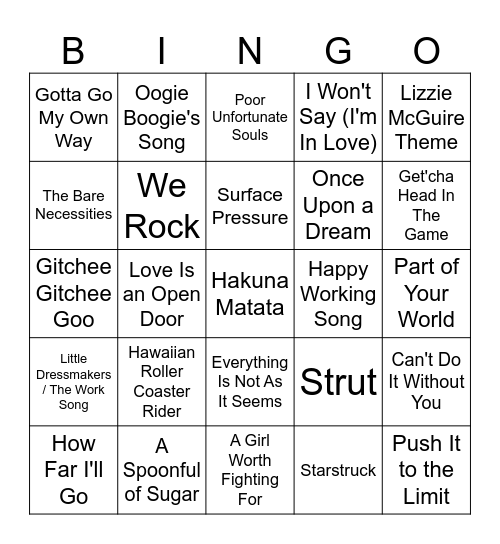 Disney Music Bingo #2 Bingo Card