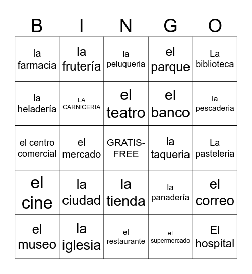 Lugares en la ciudad- Sp.2 Bingo Card