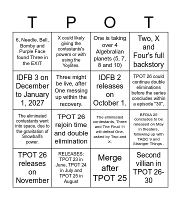 Defeat One and upcoming BFDI predictions Bingo Card
