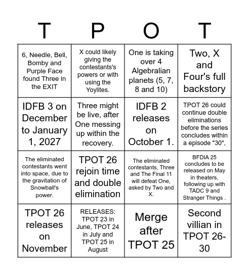 Defeat One and upcoming BFDI predictions Bingo Card