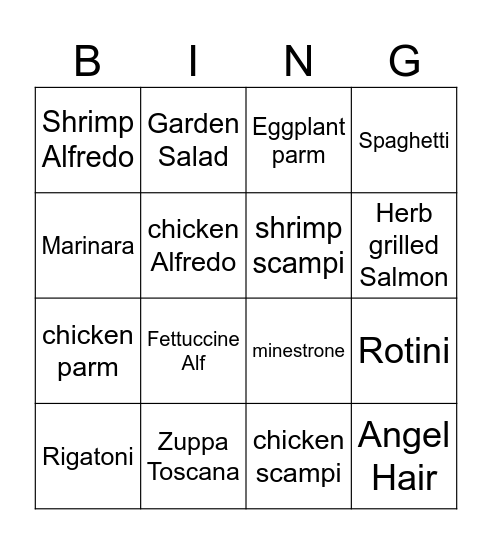 Olive Garden Bingo Card