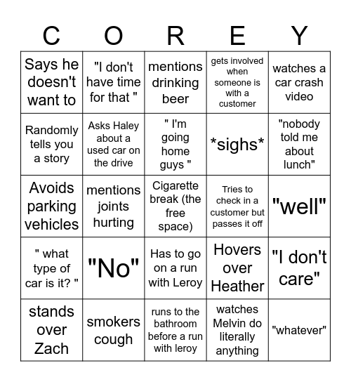 Bingo Palooza - Corey Edition Bingo Card