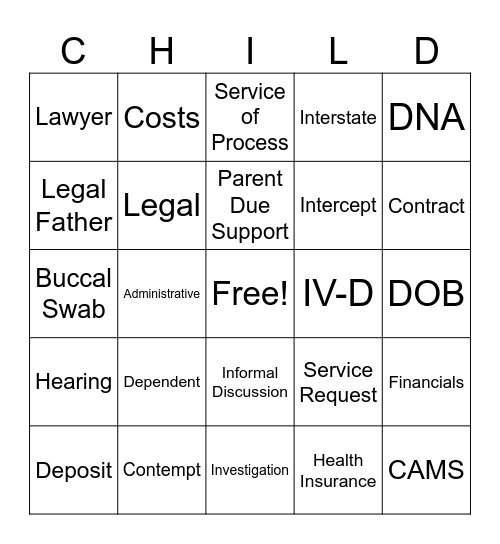 Child Support BING Bingo Card