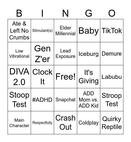 Tik Tok Bingo Card