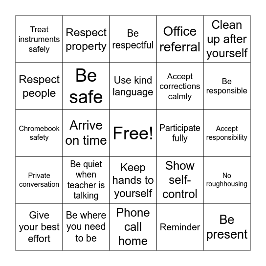 Music Class Bingo Card