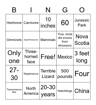 Dinosaur Trivia Bingo Card