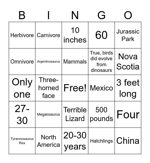 Dinosaur Trivia Bingo Card