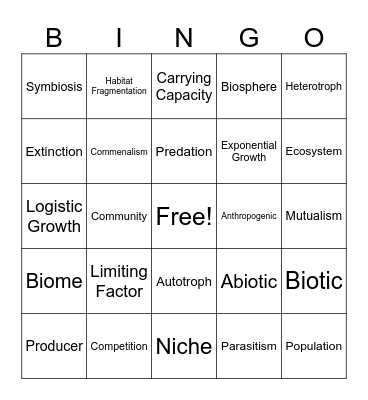 Ecology Bingo Card