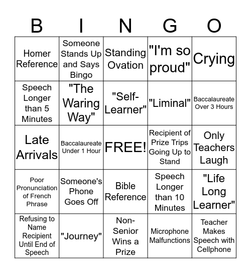 Baccalaureate Bingo Card