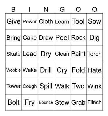 Action Verbs Words Bingo Card